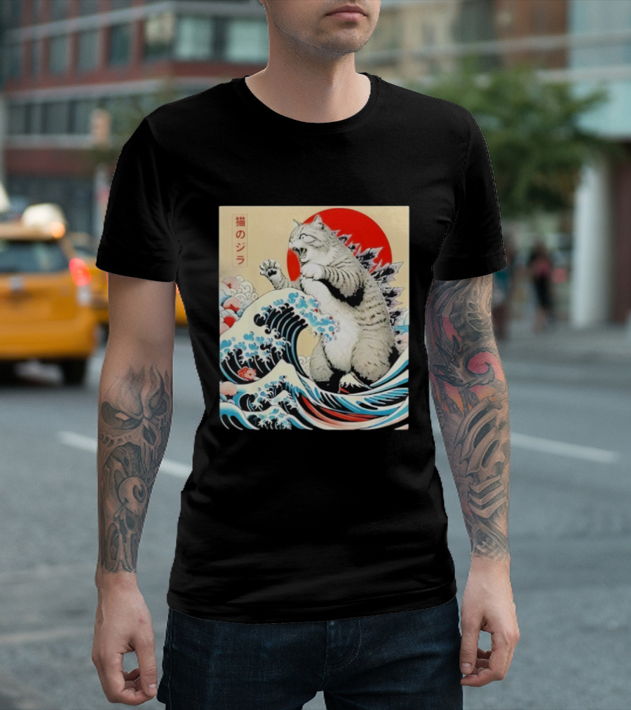 Catzilla Ukiyo-e Japanese 猫のジラ Kanagawa Waves Red Sun T-Shirt