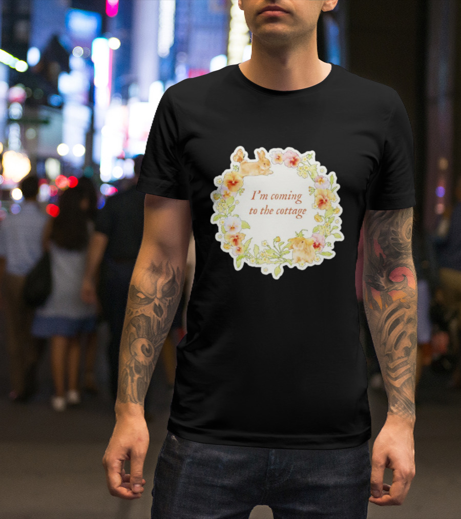 I'm Coming To The Cottage Floral Bunny Wreath T-Shirt