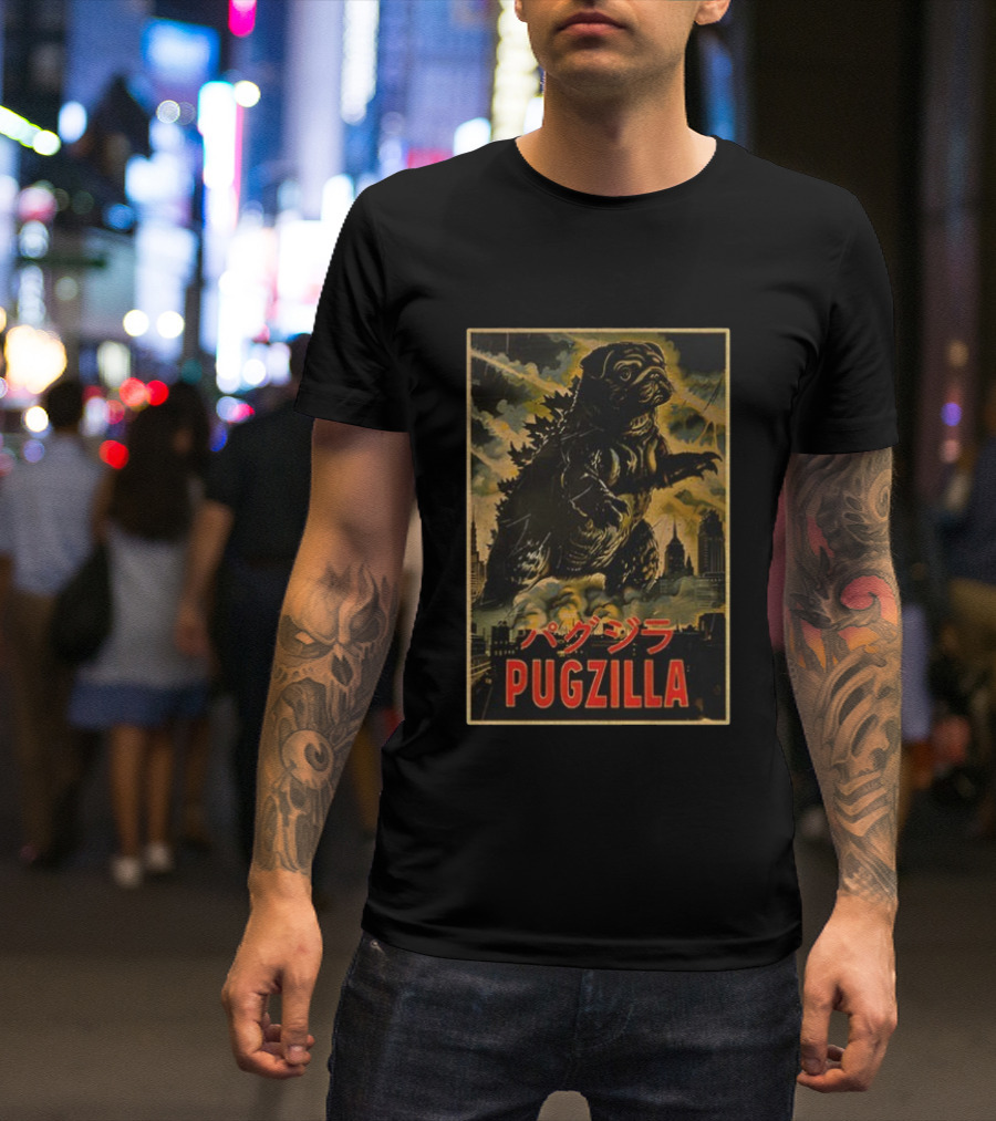 Pugzilla パグジラ Retro Japanese Movie Monster Urban Skyline T-Shirt