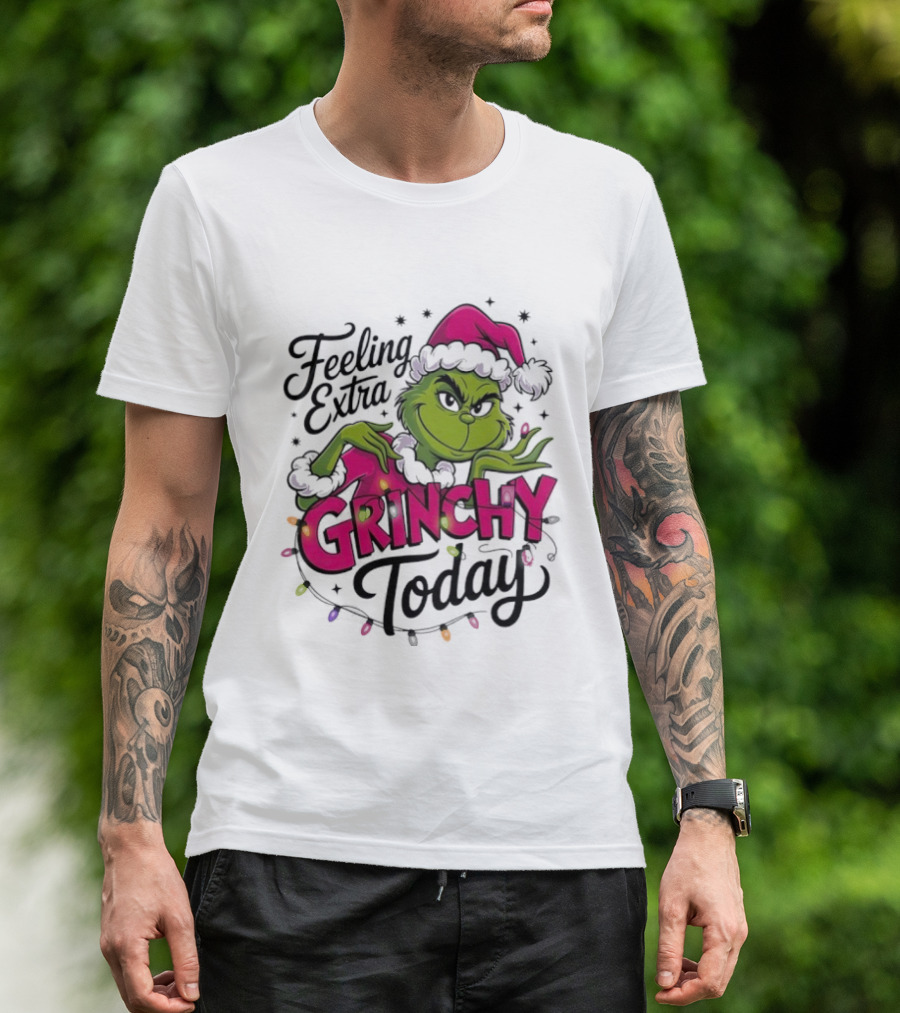 Feeling Extra Grinchy Today Green Character In Santa Hat With Lights T-Shirt