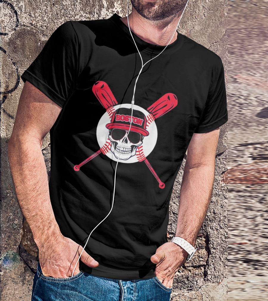 Boston Baseball Skull With Crossed Bats T-Shirt