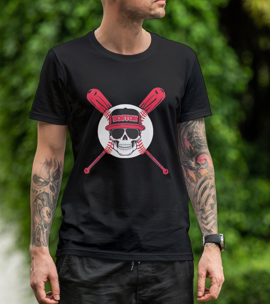 Boston Baseball Skull With Crossed Bats T-Shirt