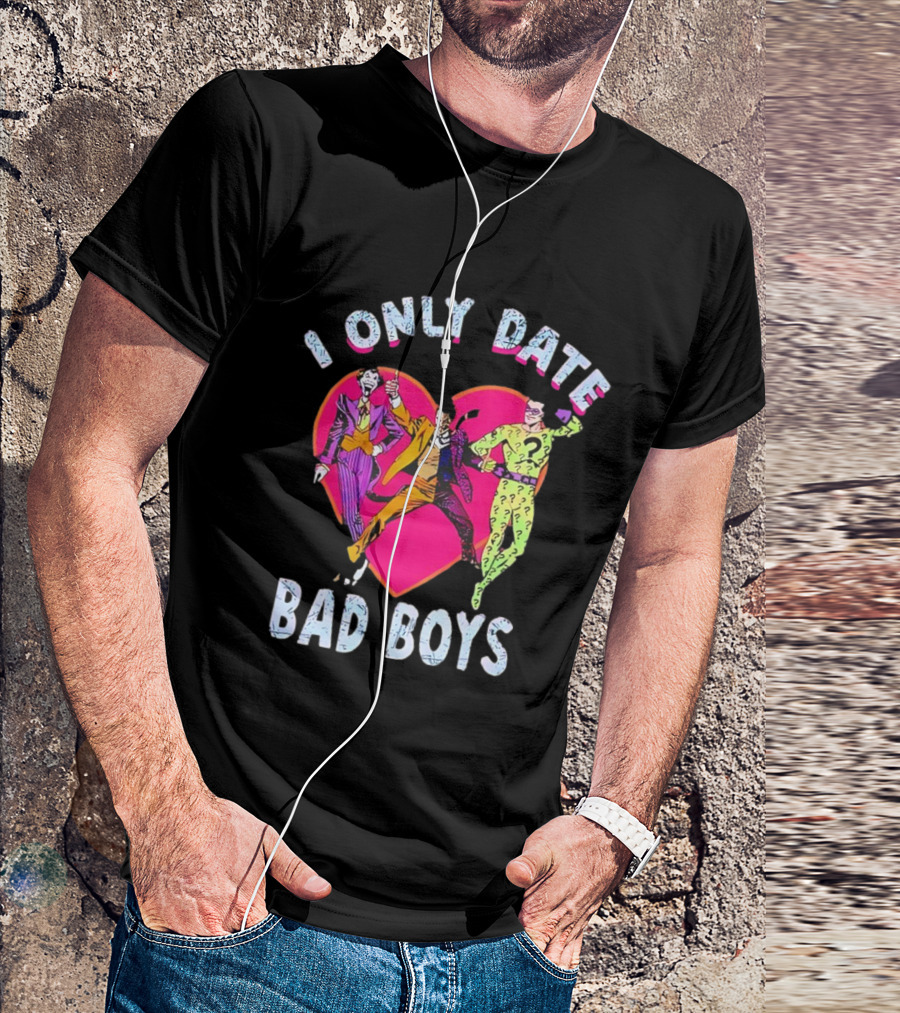 I Only Date Bad Boys DC Comics Joker Riddler Harley Quinn Heart T-Shirt