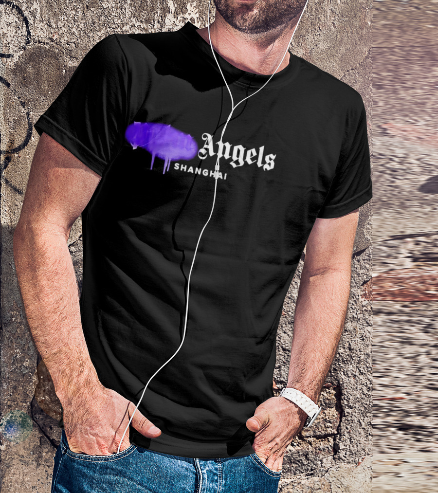 Palm Angels Black Cotton Sprayed Shanghai Purple Drip T-Shirt