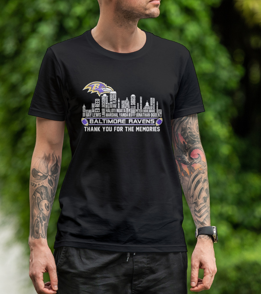 Baltimore Ravens Ray Lewis Marshall Yanda Jonathan Ogden City Skyline Thank You For The Memories T-Shirt