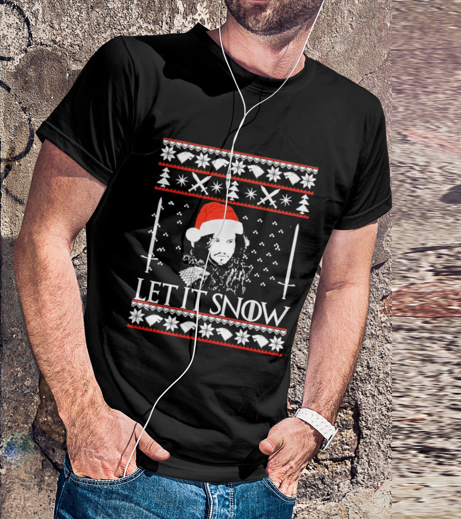 Let It Snow Christmas Ugly Sweater Santa Hat Swords Snowflakes Trees T-Shirt