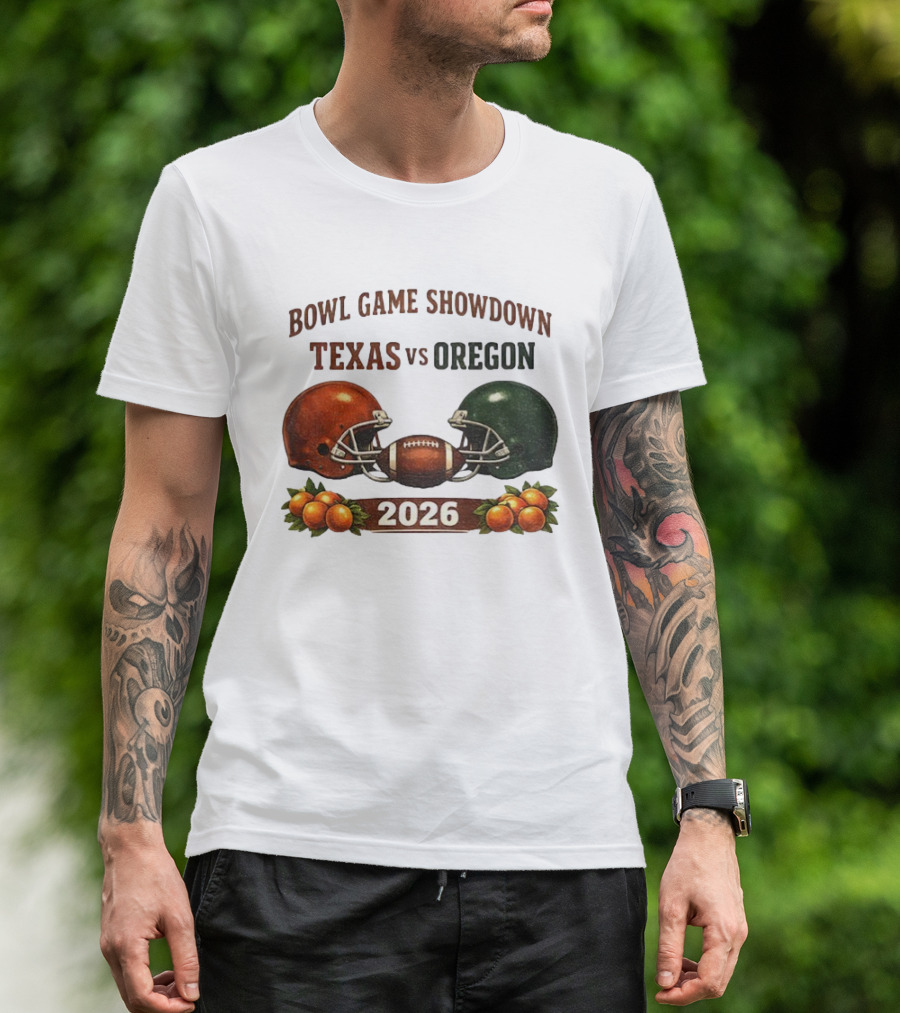 Texas Vs Oregon 2026 Bowl Game Showdown Football Helmet Clash T-Shirt
