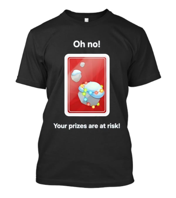 Oh No Your Prizes Are At Risk Christmas Card With Snowy Rocks And Colorful String Lights T-Shirt