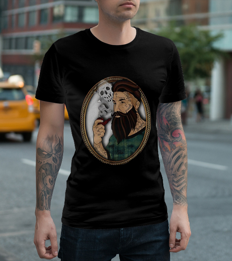 Old School Tattooed Man Smoking Pipe Retro Cartoon Image T-Shirt