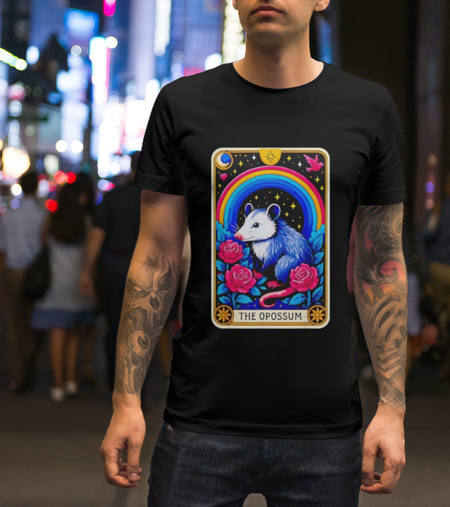The Opossum Tarot Card Rainbow Moon Roses Stars T-Shirt