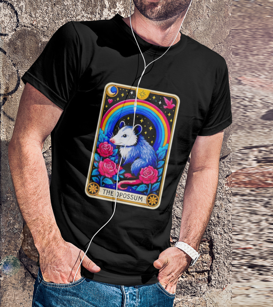 The Opossum Tarot Card Rainbow Moon Roses Stars T-Shirt