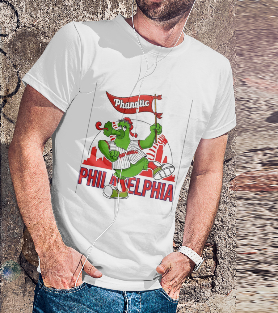 Phillie Phanatic Philadelphia Phillies Mascot Dancing With Skyline And Flag T-Shirt