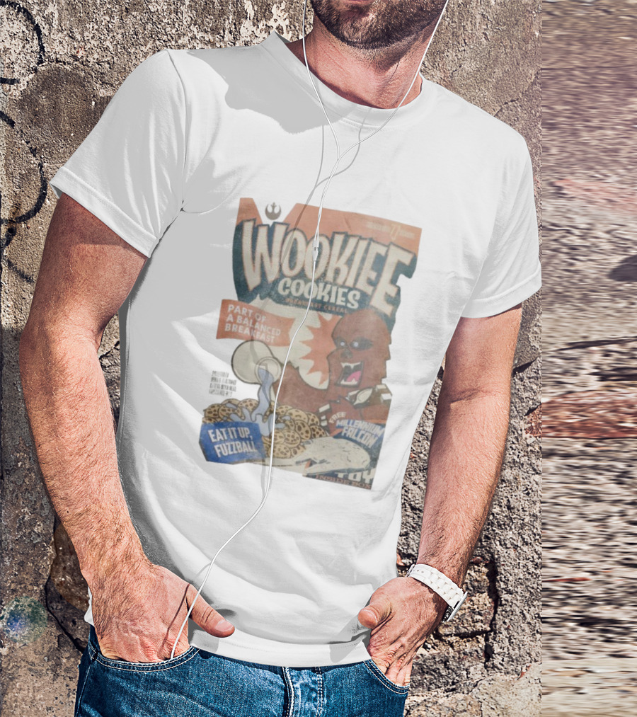 Wookiee Cookies Breakfast Cereal Eat It Up Fuzzball Free Millennium Falcon T-Shirt