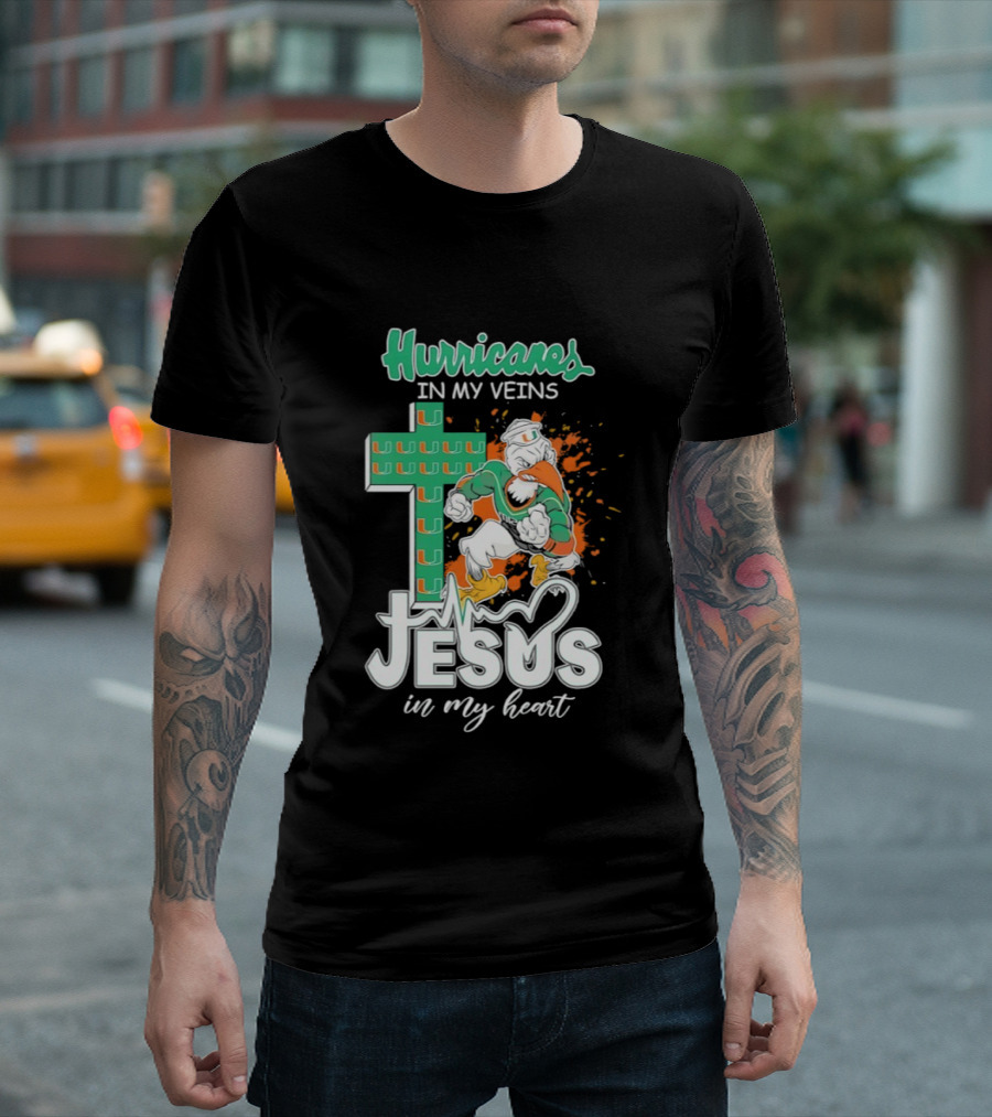 Hurricanes In My Veins Jesus In My Heart Cross Shape Miami Ibis T-Shirt