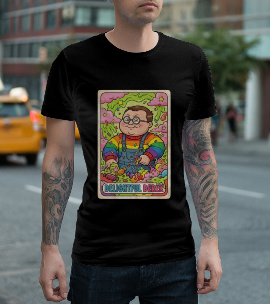 Delightful Derek Rainbow Cartoon Character In Vibrant 80s T-Shirt