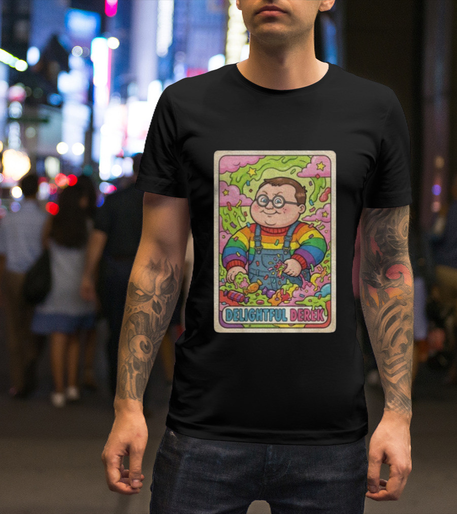 Delightful Derek Rainbow Cartoon Character In Vibrant 80s T-Shirt