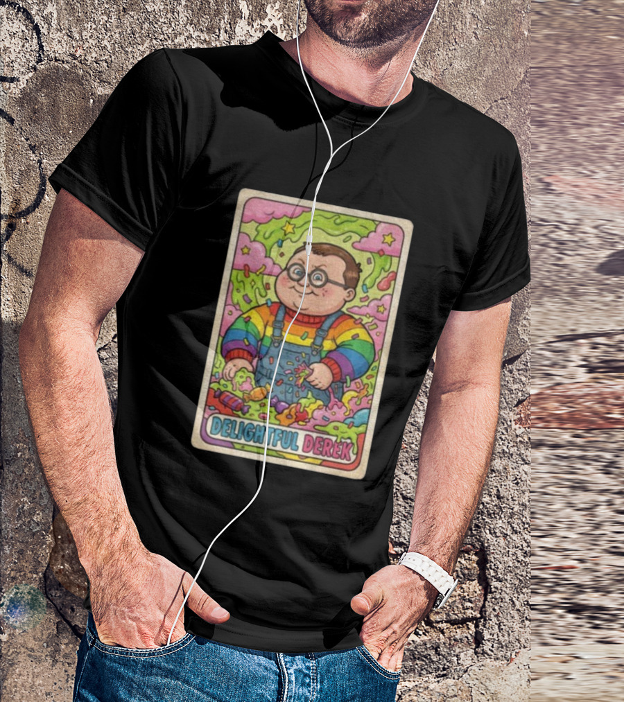 Delightful Derek Rainbow Cartoon Character In Vibrant 80s T-Shirt