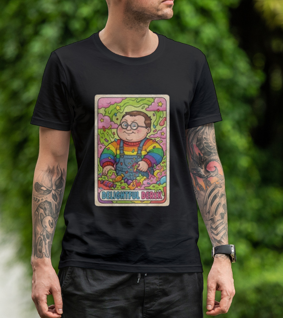 Delightful Derek Rainbow Cartoon Character In Vibrant 80s T-Shirt