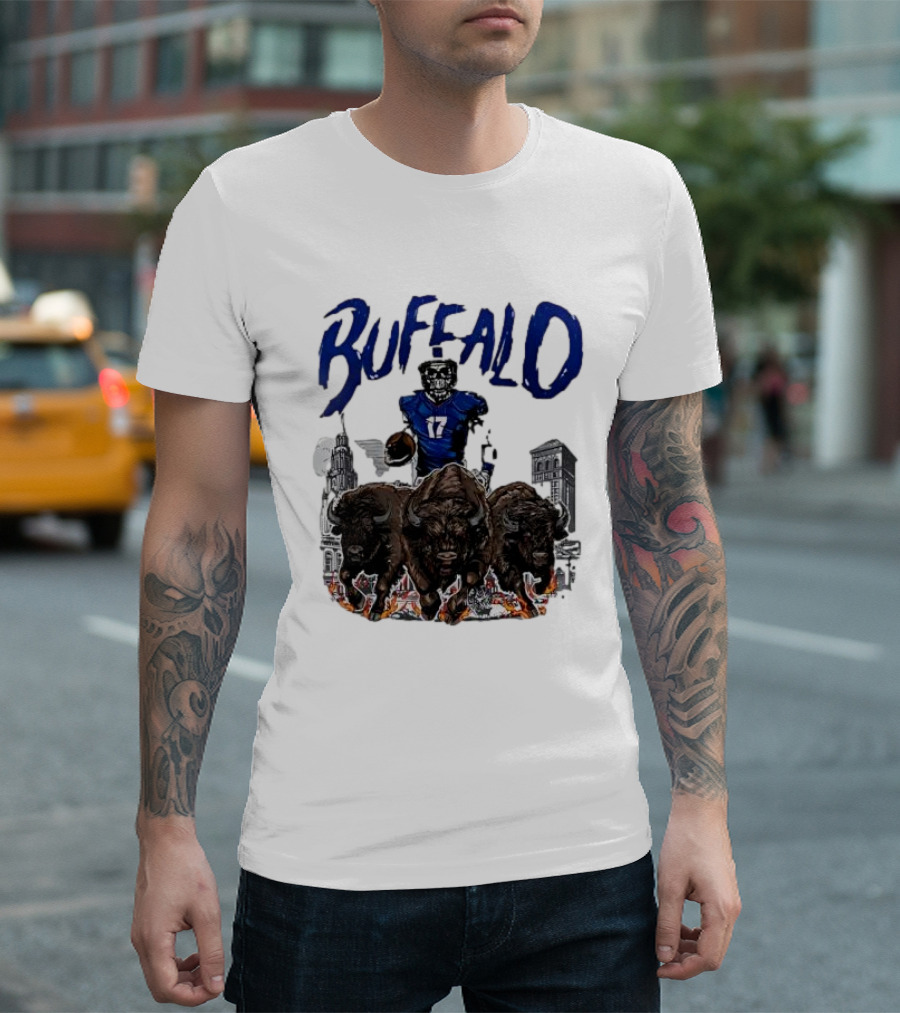 Buffalo Football Skeleton 17 With Charging Bison And City Skyline T-Shirt