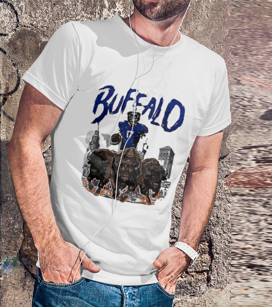 Buffalo Football Skeleton 17 With Charging Bison And City Skyline T-Shirt