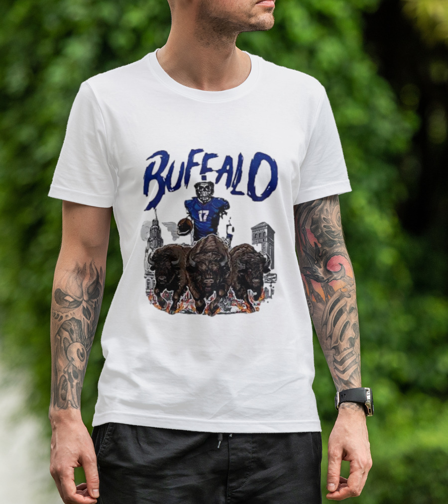 Buffalo Football Skeleton 17 With Charging Bison And City Skyline T-Shirt