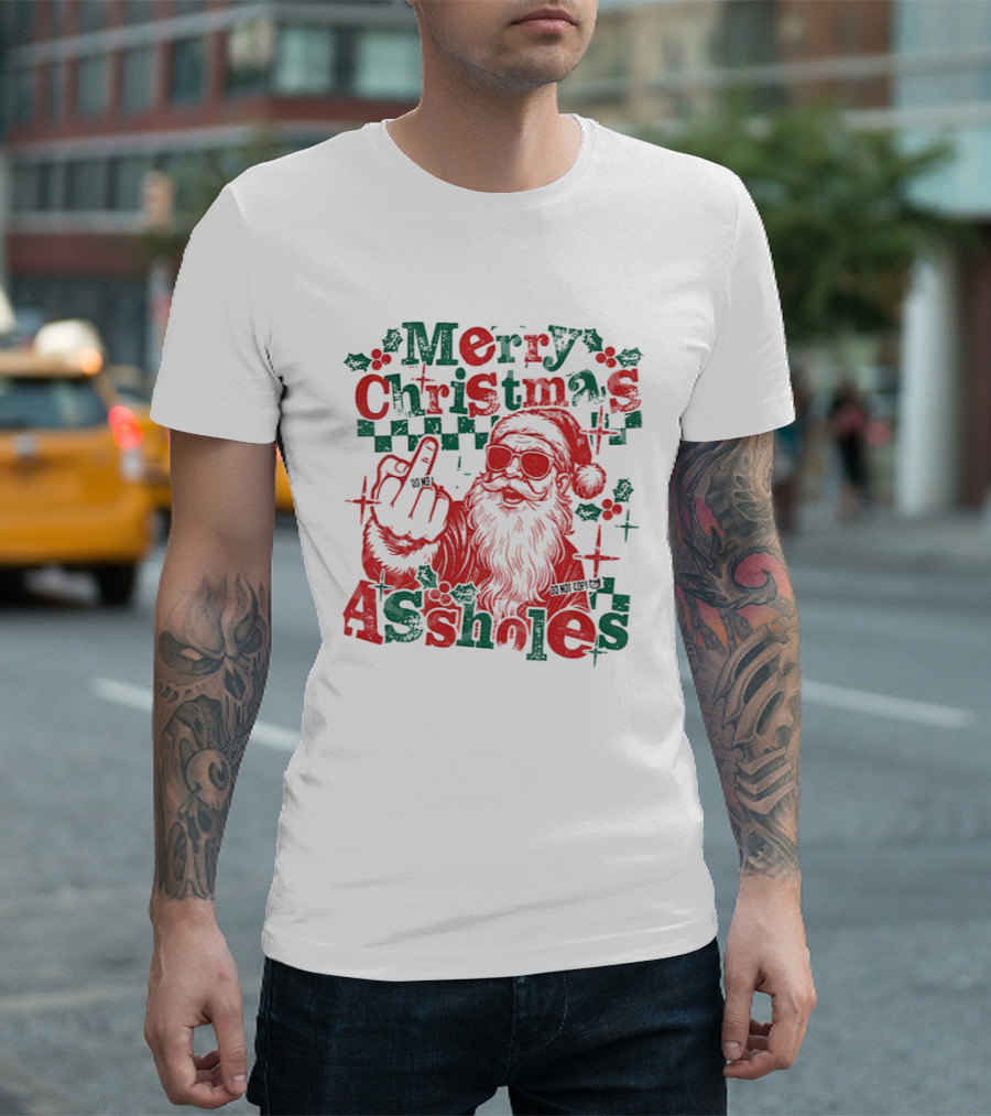 Merry Christmas Assholes Santa Claus Middle Finger Holiday Humor T-Shirt