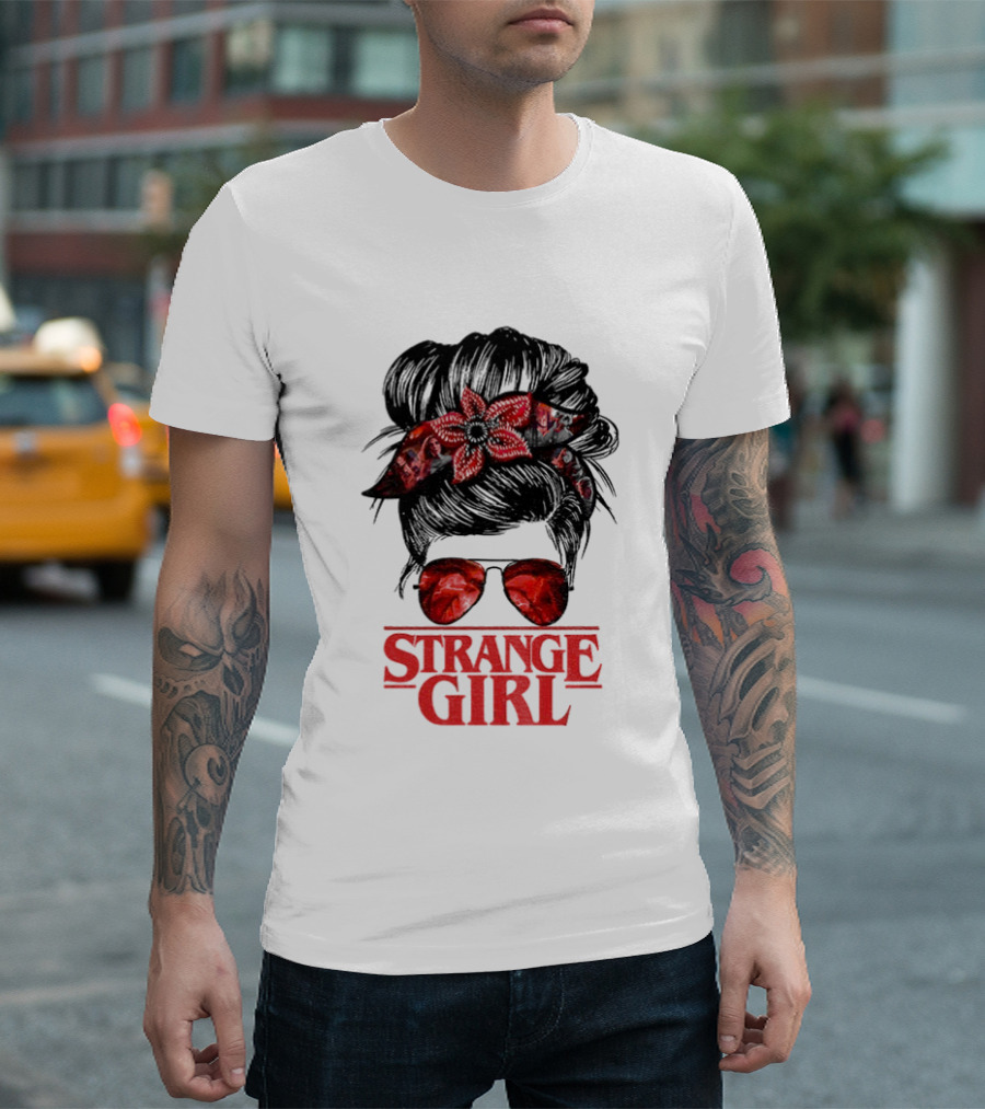 Strange Girl Red Floral Hair Scarf Messy Bun T-Shirt