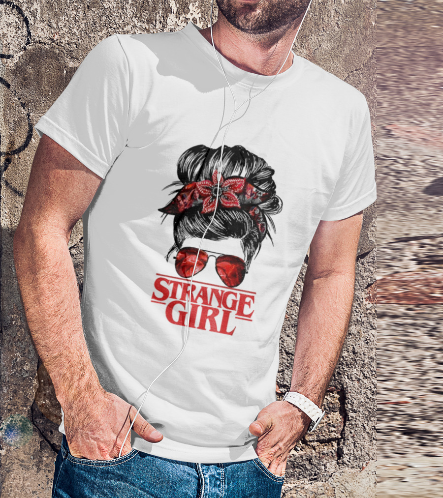Strange Girl Red Floral Hair Scarf Messy Bun T-Shirt
