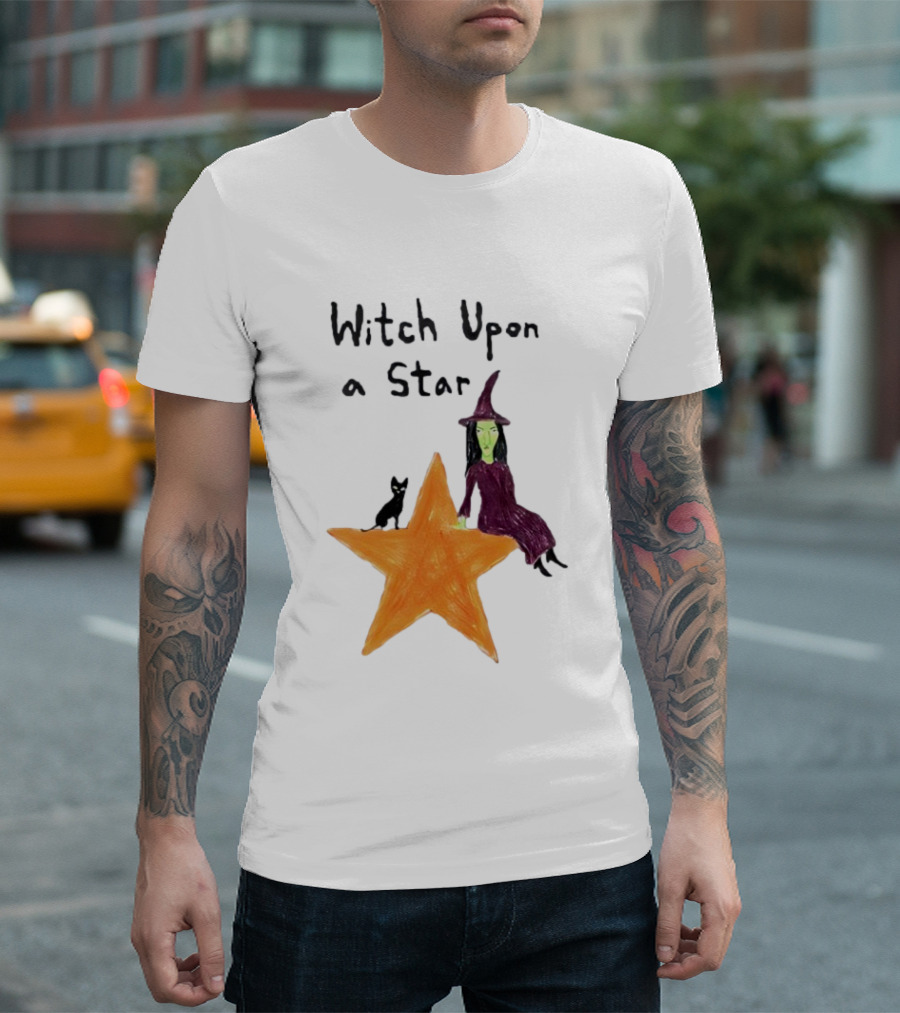 Witch Upon A Star Green Witch Purple Hat Orange Star Black Cat T-Shirt