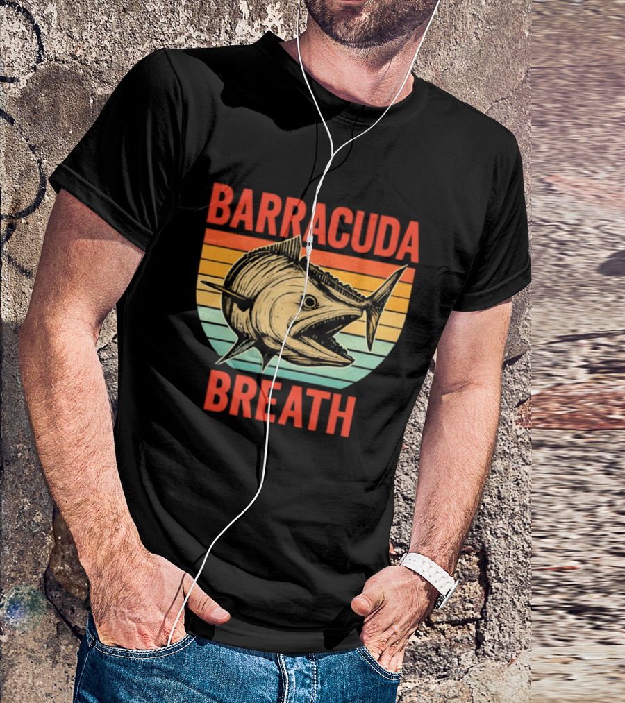 Barracuda Breath Funny Fishing Retro Vintage Stripes T-Shirt