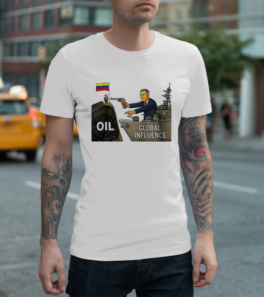 USA Venezuela Oil Conflict Political Satire Global Influence Cartoon Flags Gun Ship T-Shirt