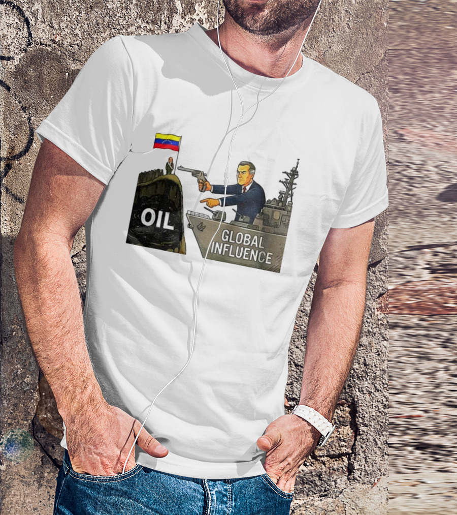 USA Venezuela Oil Conflict Political Satire Global Influence Cartoon Flags Gun Ship T-Shirt