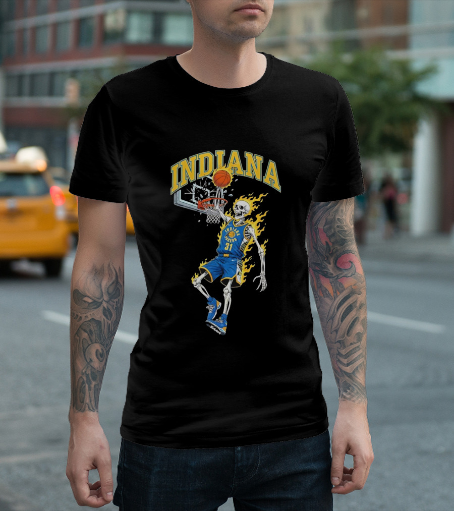 Indiana Pacers Skeleton Basketball Dunk In Flames T-Shirt