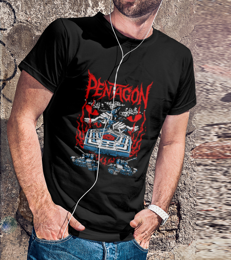 Pentagon Band Red Flames And Hearts T-Shirt