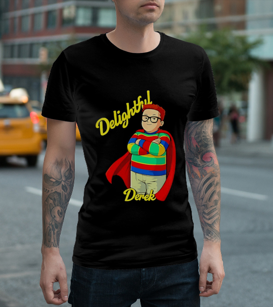 Delightful Derek Superhero With Cape And Stripes T-Shirt