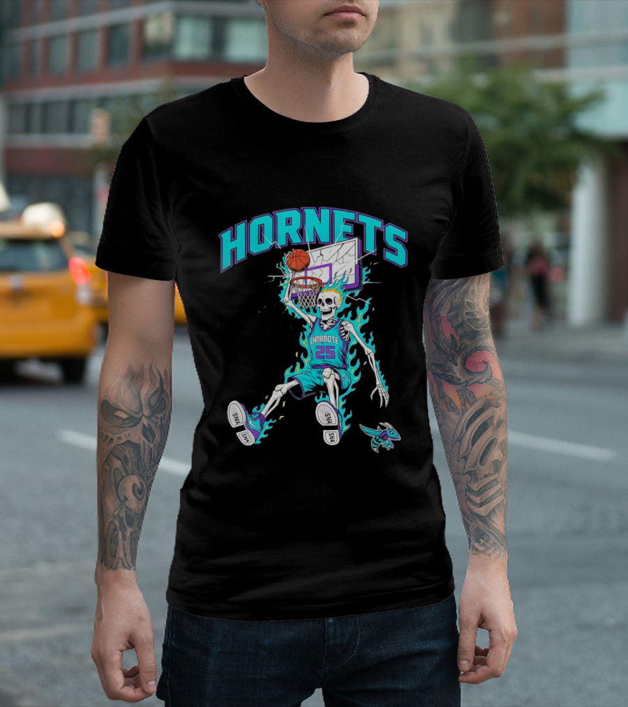 Charlotte Hornets Skeleton Dunking Basketball Retro Style Flame T-Shirt