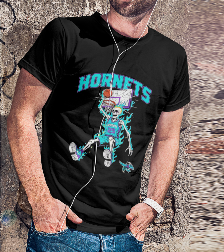 Charlotte Hornets Skeleton Dunking Basketball Retro Style Flame T-Shirt