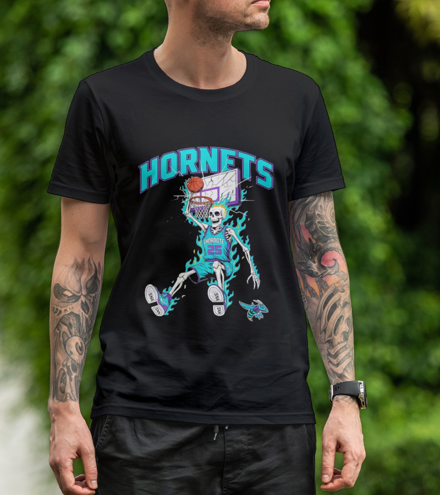 Charlotte Hornets Skeleton Dunking Basketball Retro Style Flame T-Shirt