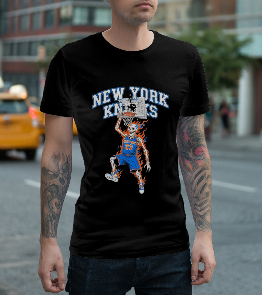 New York Knicks Basketball Skeleton Player Dunking Fire 23 T-Shirt