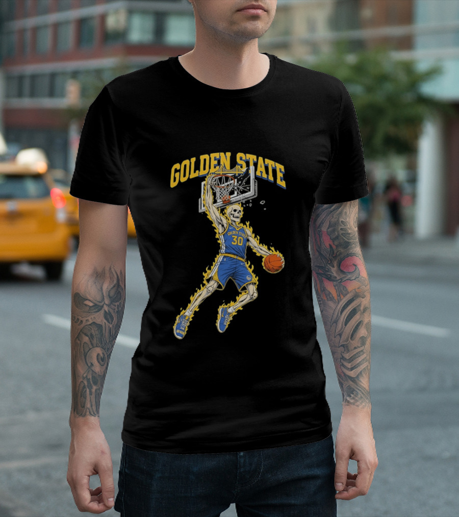 Golden State Warriors Basketball Skeleton Player Slam Dunk Fire T-Shirt
