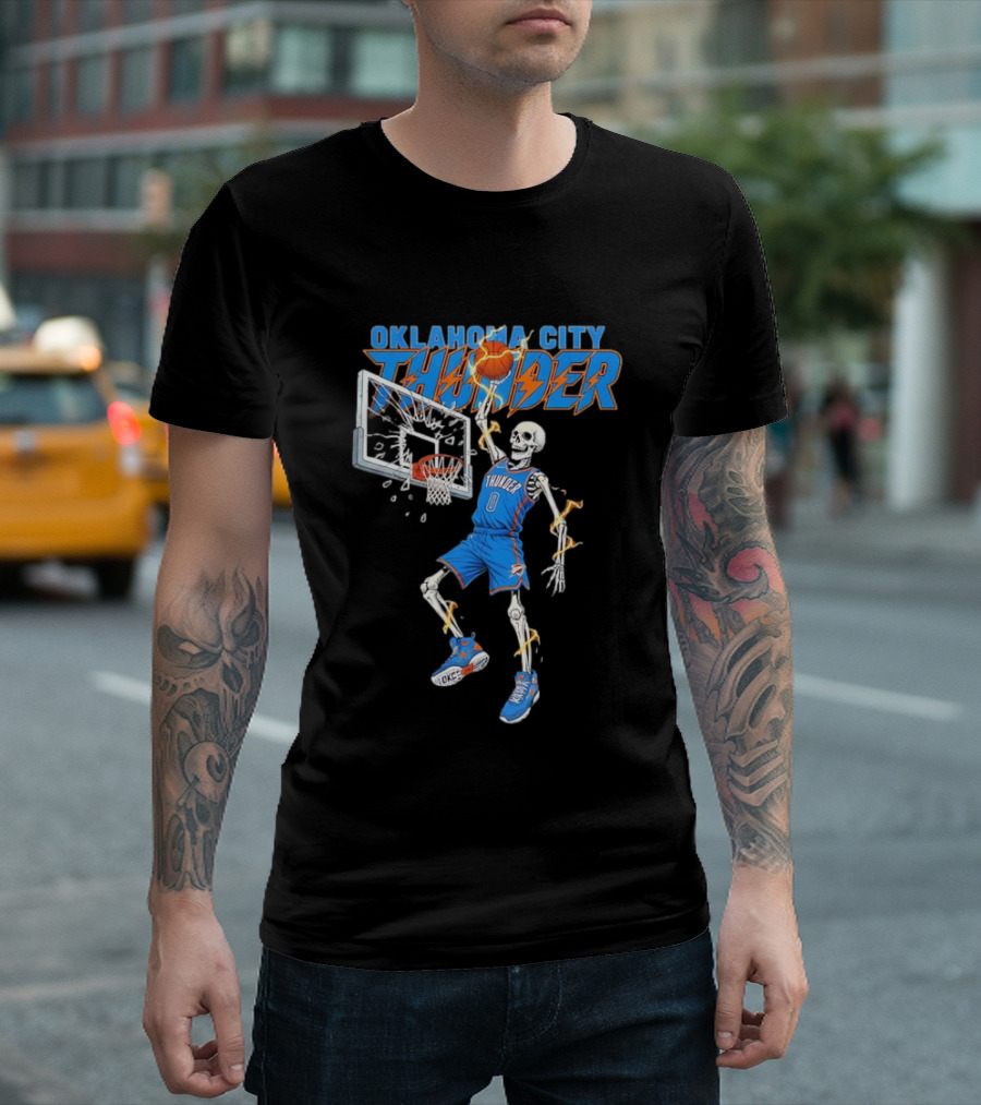 Oklahoma City Thunder Basketball Skeleton Dunking Fiery Hoops Player T-Shirt