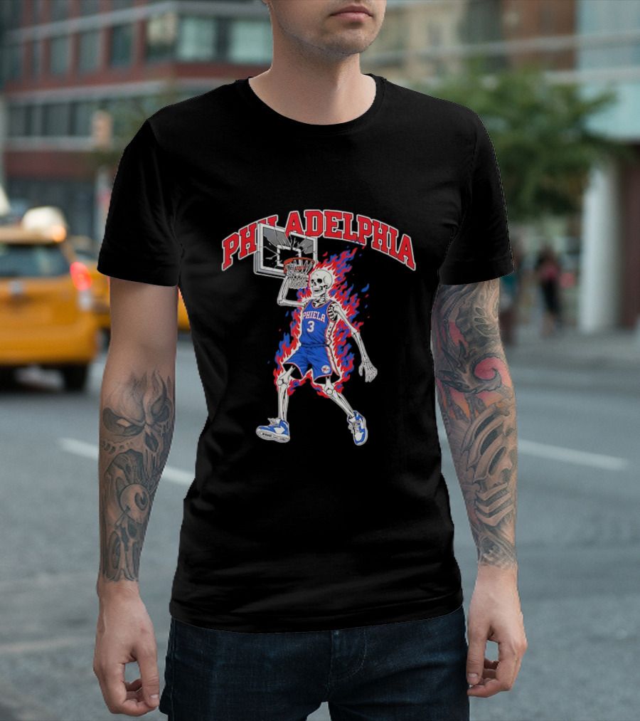Philadelphia 76ers Skeleton Dunking Basketball Player In Flames T-Shirt