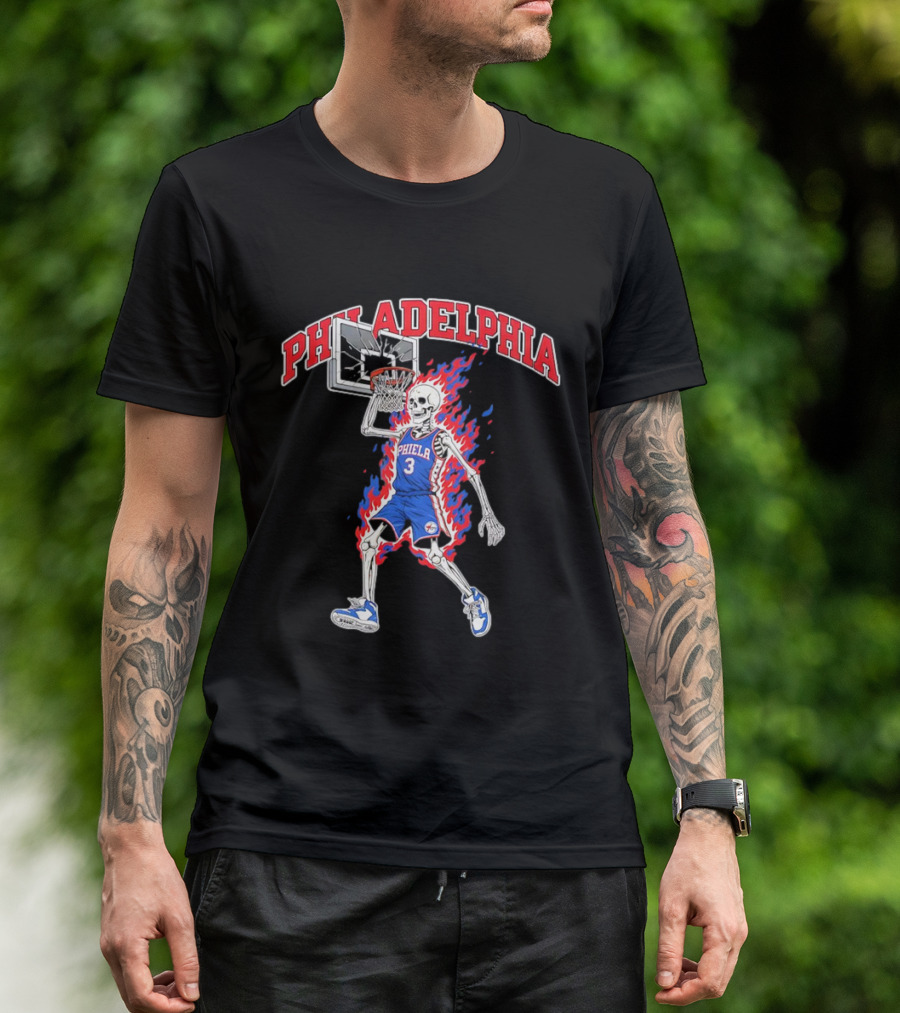 Philadelphia 76ers Skeleton Dunking Basketball Player In Flames T-Shirt