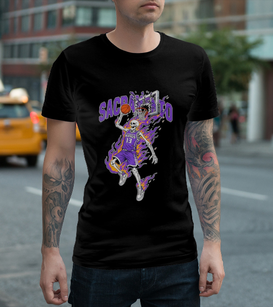 Sacramento Kings Skeleton Basketball Player Flames Sports Team T-Shirt