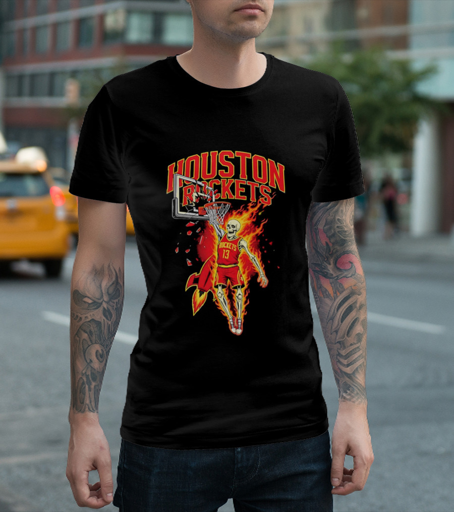 Houston Rockets Basketball Flaming Skeleton Player Dunking T-Shirt