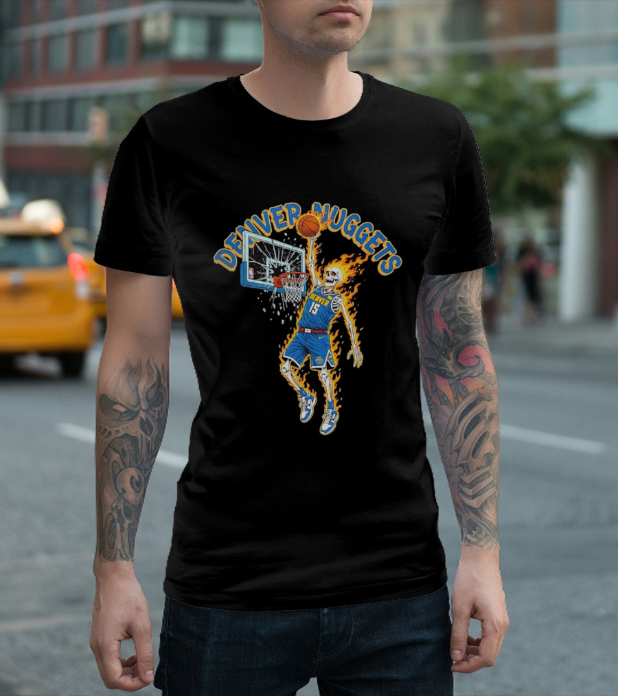Denver Nuggets Skeleton Player Dunking With Basketball And Fire T-Shirt