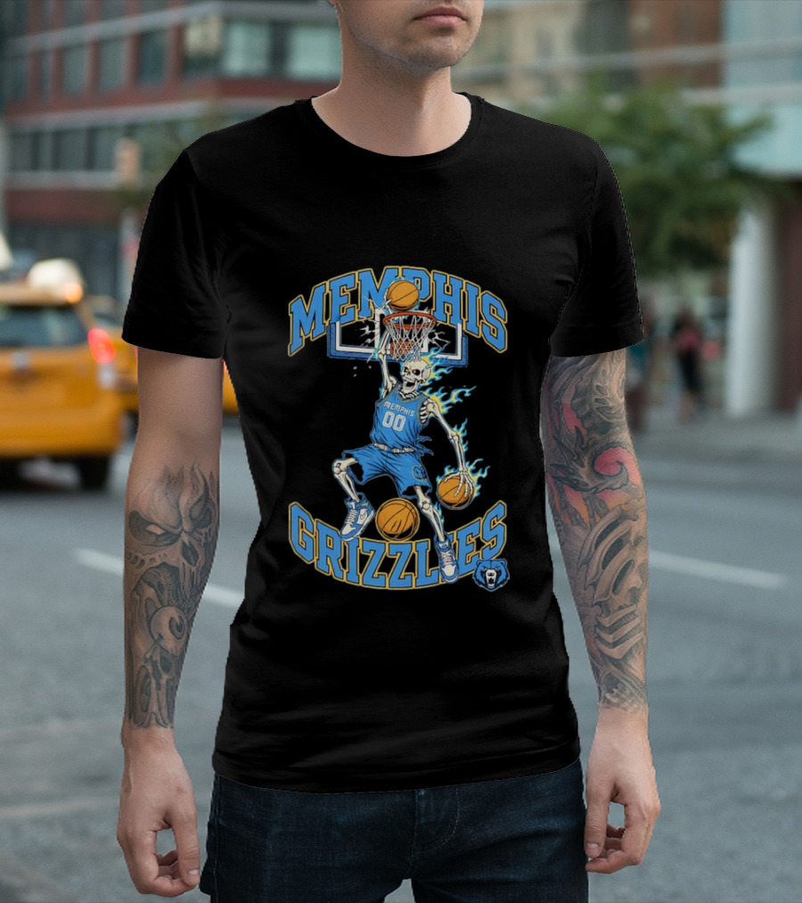 Memphis Grizzlies Basketball Skeleton Player Slam Dunking With Flames T-Shirt