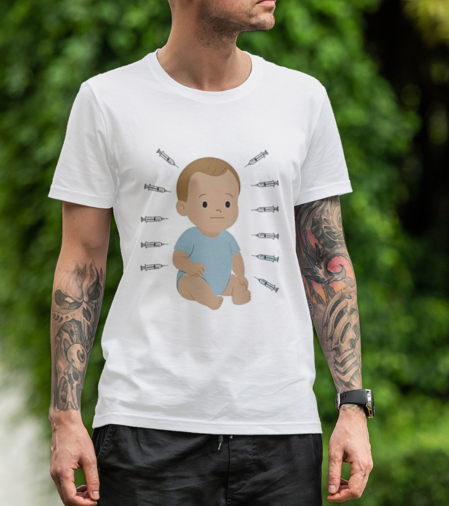 Trump Administration Cuts Childhood Vaccine Cartoon Baby Surrounded By Syringes T-Shirt