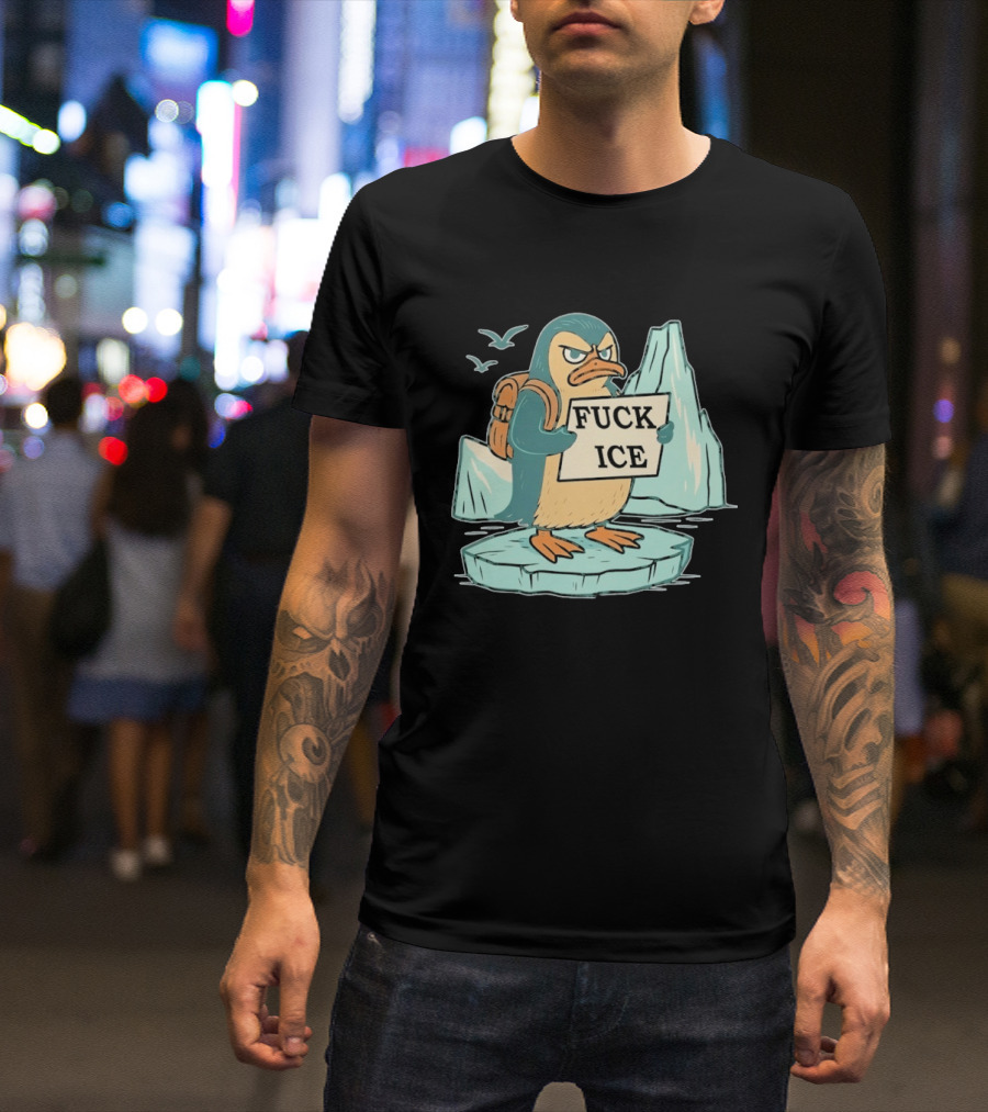 Angry Penguin Holding Sign On Iceberg With Birds In Background T-Shirt
