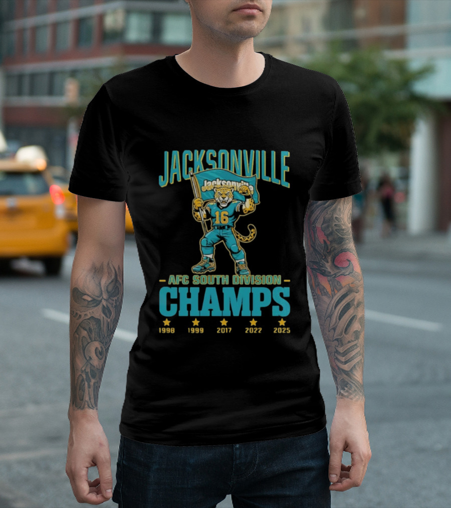 Jacksonville Jaguars Mascot 16 Holding Flag AFC South Division Champs 1998 1999 2017 2022 2023 T-Shirt